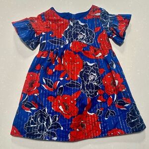 JANIE & JACK Red & Blue Lurex Floral Flutter Sleeve Dress Size 18-24 Months